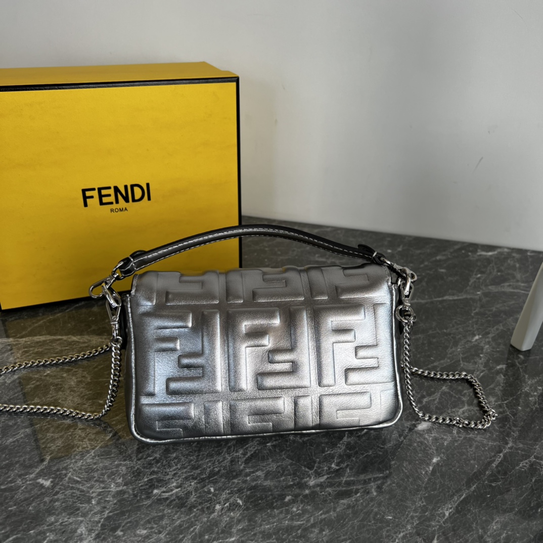 Fendi Mini Baguette Nappa Leather 3D-effect FF Shoulder Bag Silver 